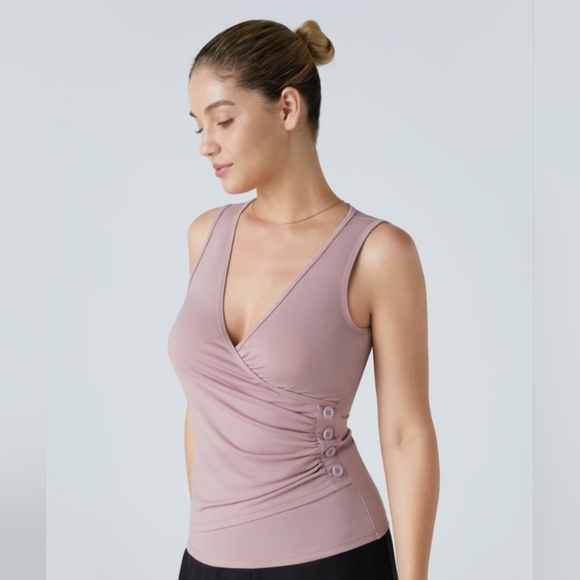 HALARA Tops - NWT Halara V Neck Ruched Decorative Button Work Tank Size Sm Stretch Pink